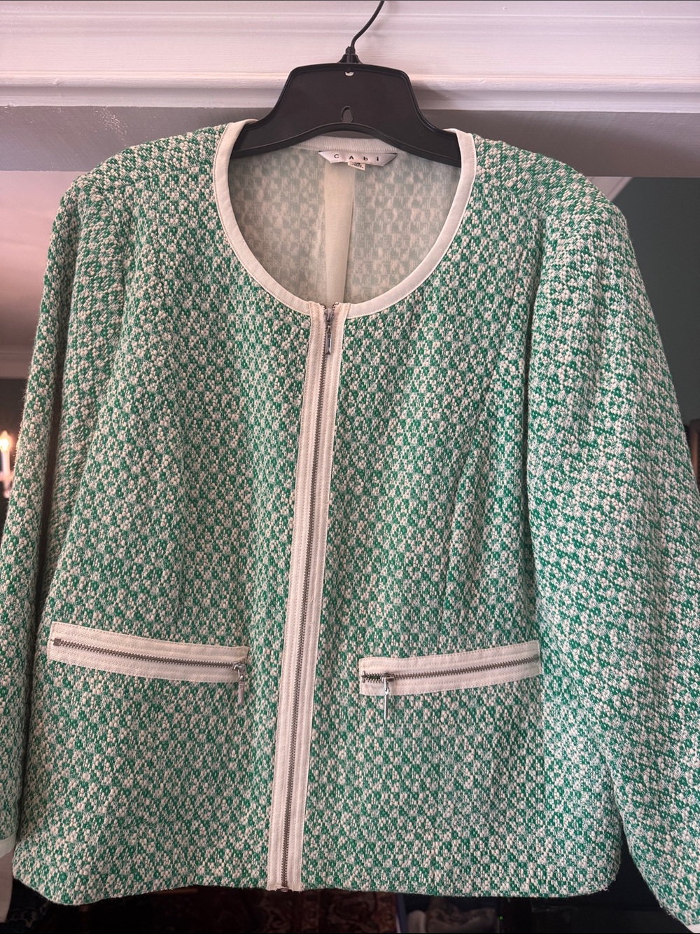 CAbi Mint Green Patterned Zip-Front Tweed Jacket with White Trim